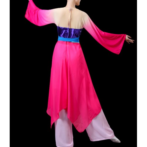Women's chinese folk dance costumes pink gradient ancient traditional yangko fan dancing dresses fairy cosplay costumes